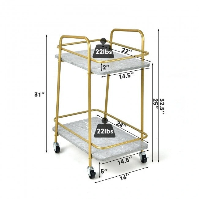 2-tier Kitchen Rolling Cart with Steel Frame and Lockable Casters-Gray - 16 x 24 x 32.5 (L x W x H)