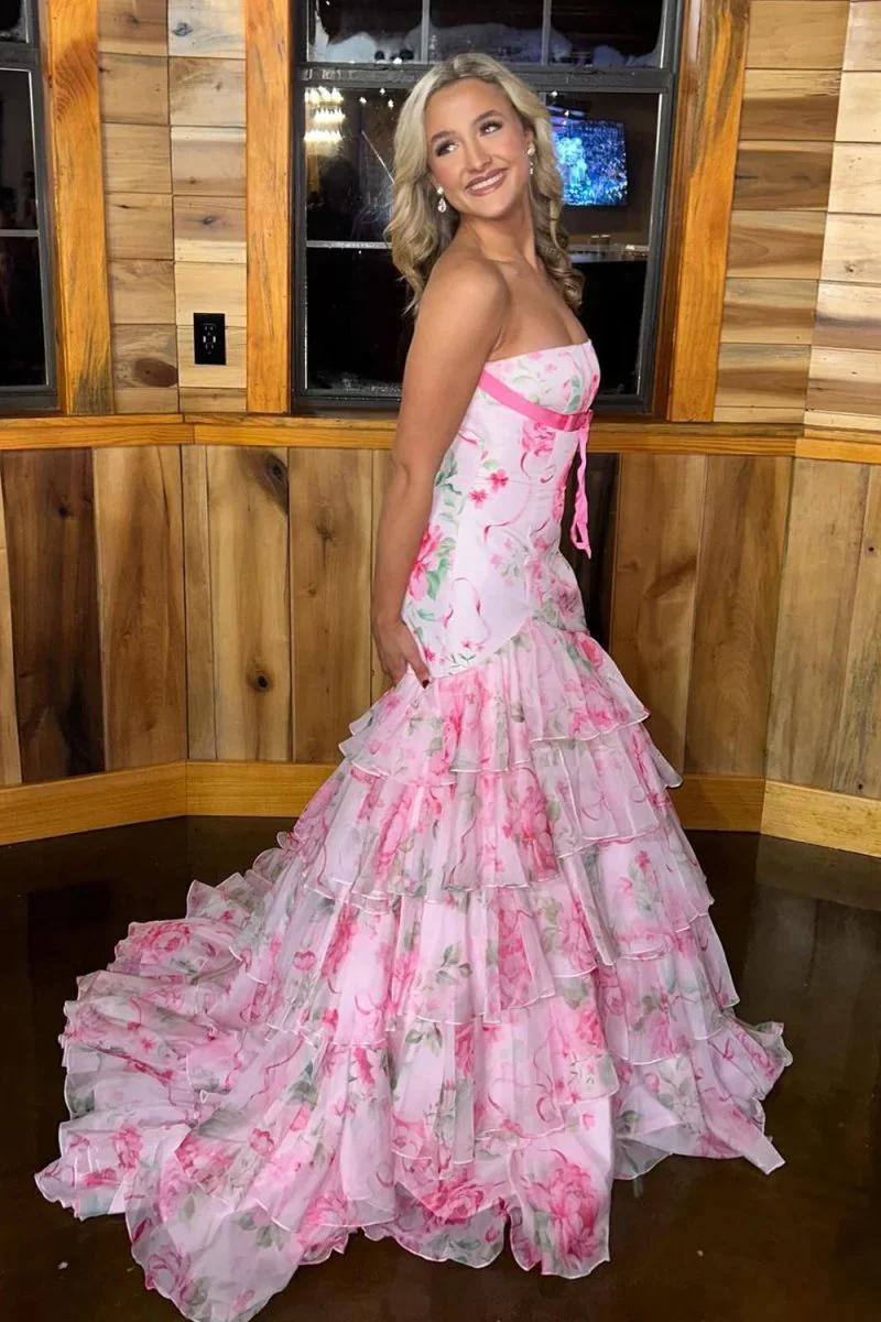 Blue Sheath Strapless Chiffon Ruffled Prom Dresses With Bow