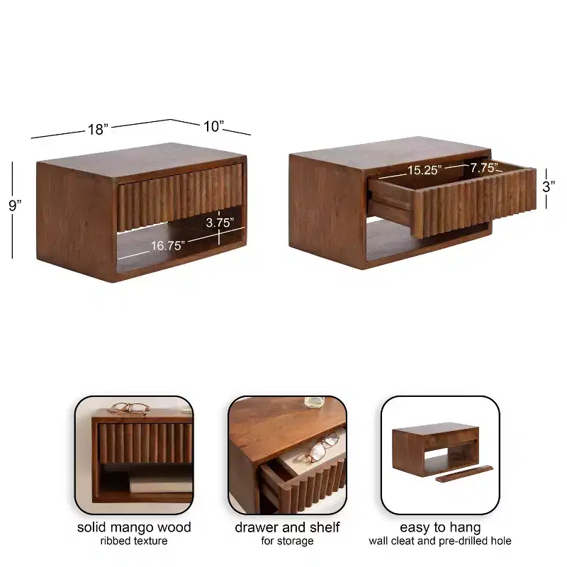 Kate and Laurel Reid Floating Wood Side Table with Open Storage, 18x10x9, Walnut Brown