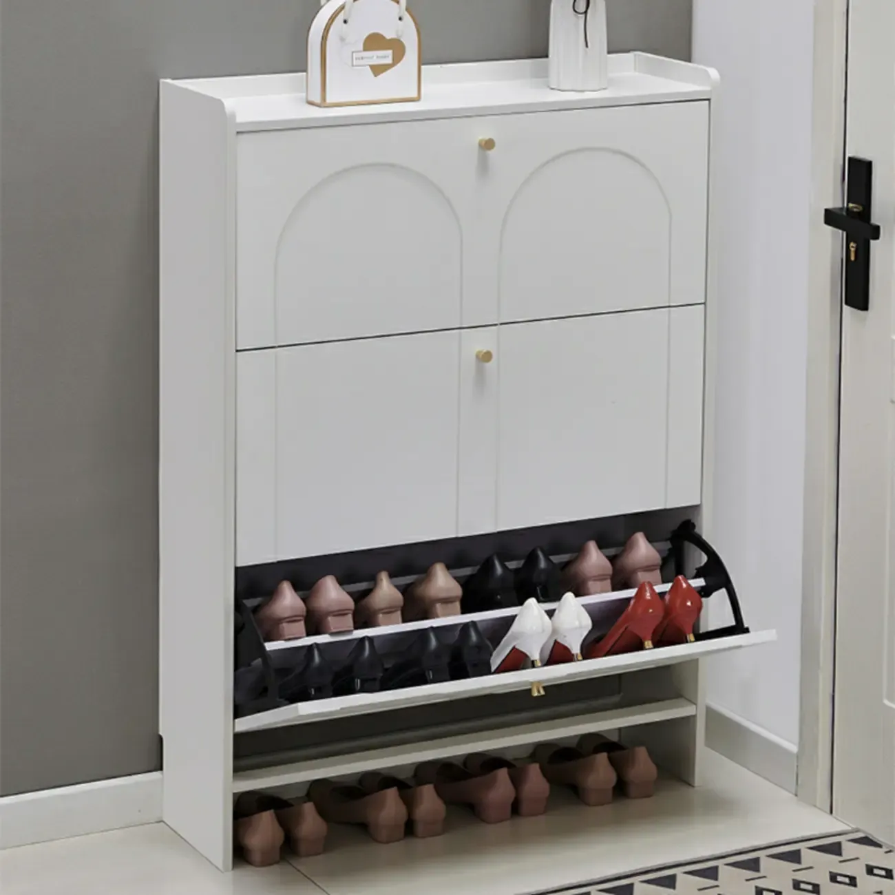 White Wooden Drop Front Shoe Cabinet for Entryway