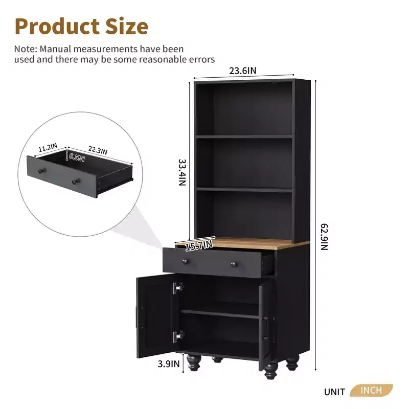 Modern Kitchen Pantry Cabinet with Adjustable Shelves, Drawer & 4 Gourd-Shaped Legs, 5 Tier Farmhouse Storage Bookshelf for Living Room