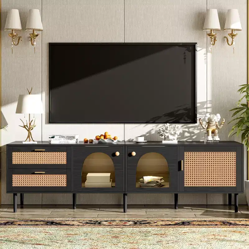 GDFStudio Stefan Mid-Centurn Modern TV Stand with LED Light, Rattan & Glass Doors and 2 Drawers
