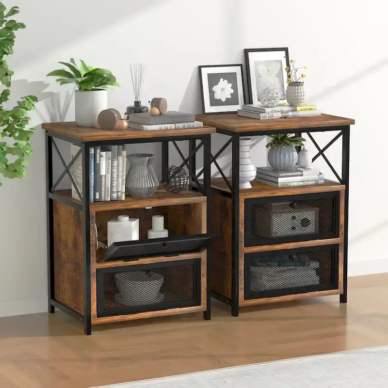 4-Pieces Bedroom Set with Drawer and Nightstands Set of 2, 5-Drawer Dresser, Brown/Grey Set