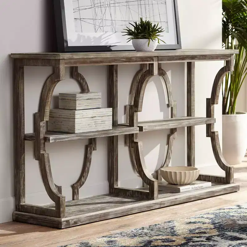 Crestview Collection Stockton Farmhouse Rustic Chestnut Wood Console Table 64 x 15 with Bookshelf Brown 3-Tier for Living Room Bedroom Bedside House