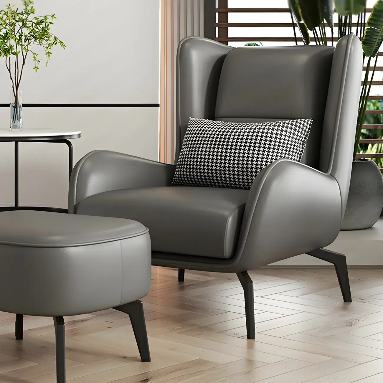 Modern Beige Leather Accent Chair with One Pillow