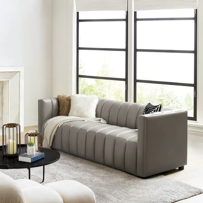 Olinto Modern Camel 83-Inch Genuine Leather Curved Couch with Channel Back by HULALA HOME