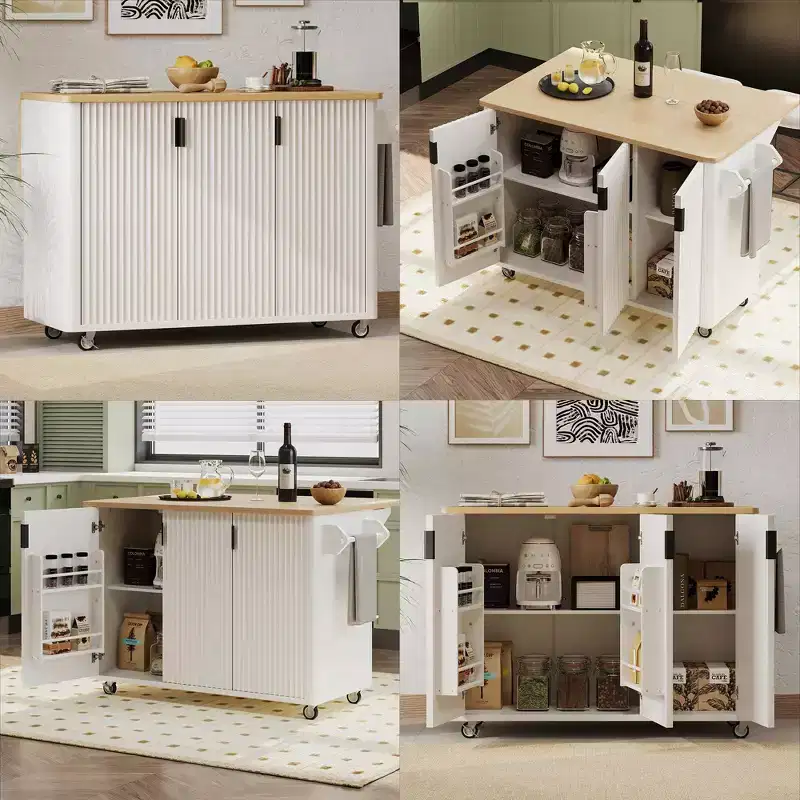 Rolling Solid Wood Kitchen Island with Rubberwood Top, 3 Drawers, 2 Cabinets, Adjustable Shelves, Spice Rack & Locking Wheels  Painted Finish