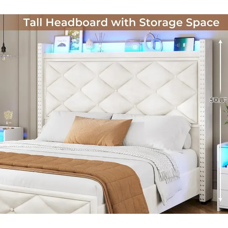 LED Bed Frame with 51.2  Tall Headboard Charging Station
