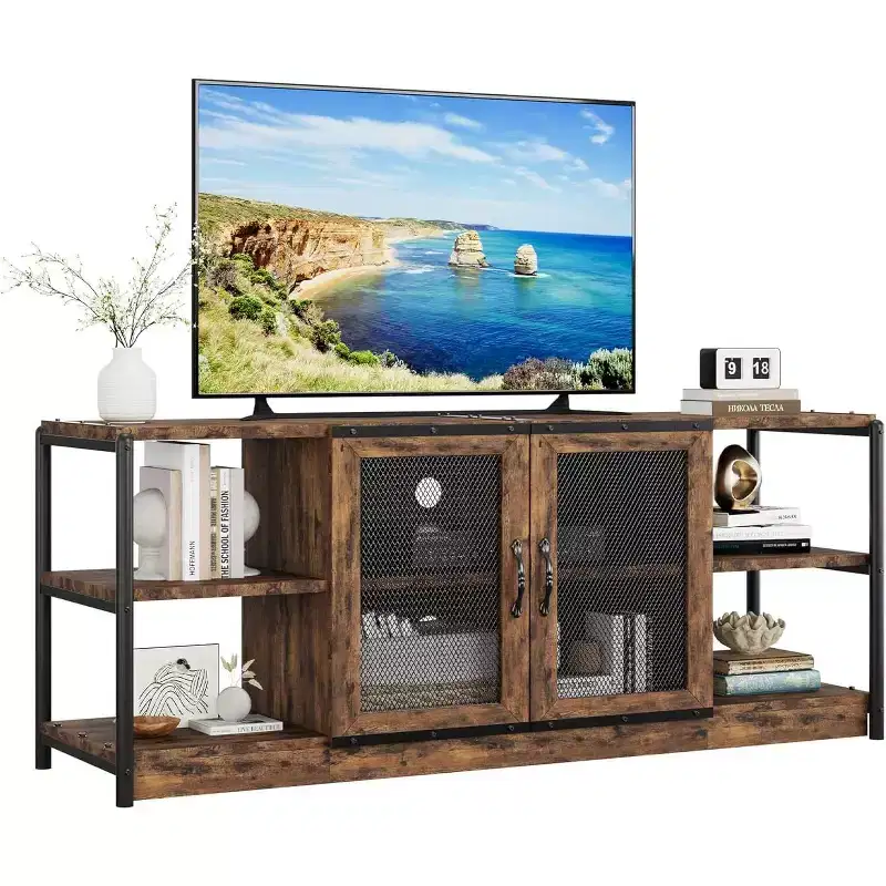 Farmhouse TV Stand for 65/75 inches TVs, Entertainment Center with Storage Cabinet, Industrial Media Console Cabinet Table