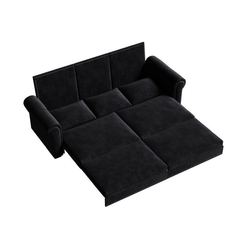 3-in-1 King Pull Out Sofa Bed Chesterfield Sofa, Velvet/Faux Leather Convertible Sleeper Sofa with Nailhead Trim & Rolled Arm