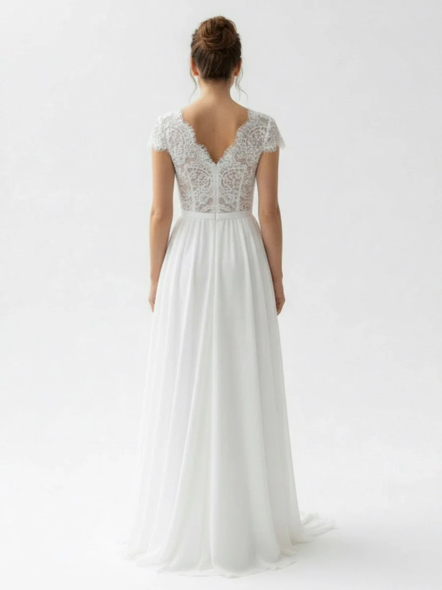 Boho See Through Lace V-Neck A-Line Chiffon Wedding Dress