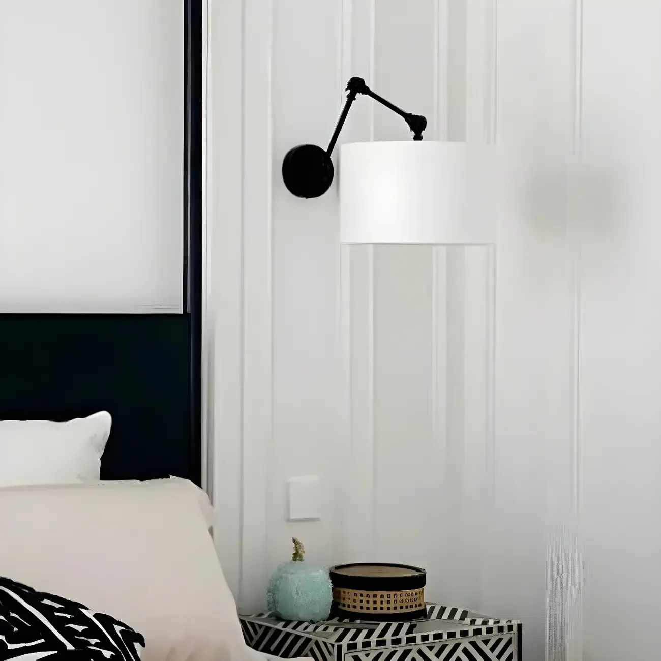 Black 1-Light Metal Swing Arm Wall Light with White Fabric Shade