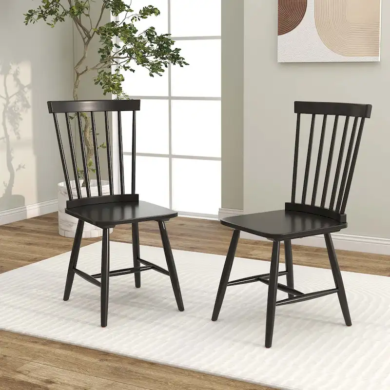 2 PCS Armless Spindle Back Dining Chairs – Solid Wood, Black/Natural
