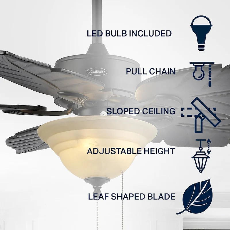 Owen 52  3-Light Coastal Bohemian Iron/Wood Palm Leaf LED Ceiling Fan with Pull Chain, by JONATHAN Y