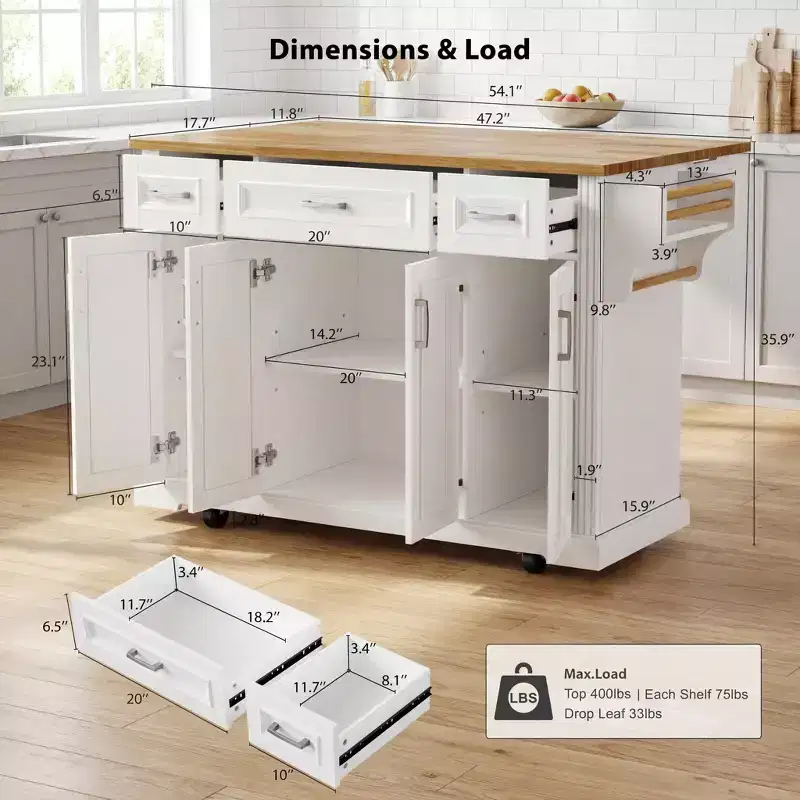 JVNOXK 54inch White Rolling Kitchen Island with Rubber Wood Drop Leaf, 4 Doors 3 Drawers Storage Cart