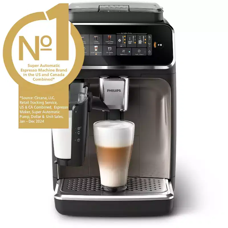 Philips 3300 Fully Automatic Espresso and Coffee Machine with LatteGo Milk Frother Black: Ceramic Grinder, 60oz Capacity, Dishwasher-Safe