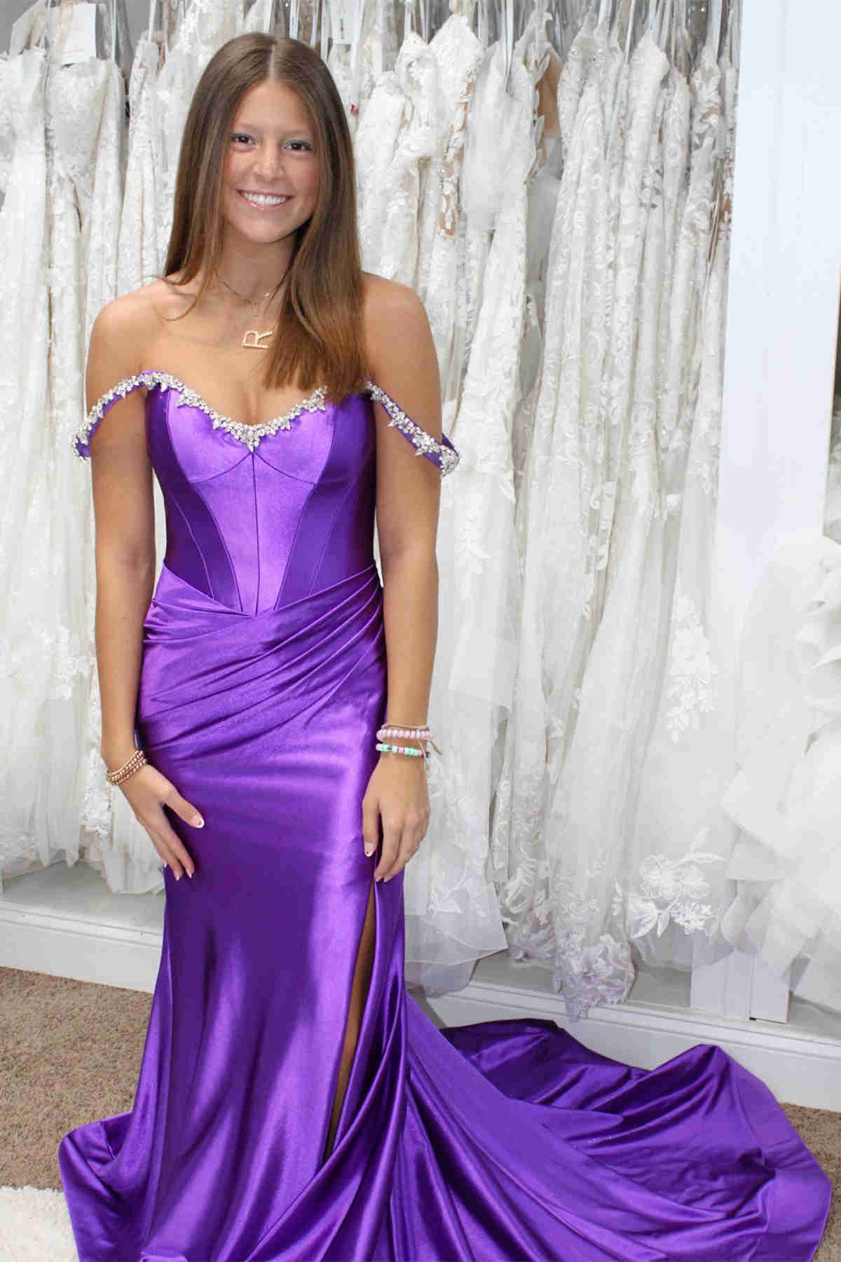 Mermaid Off The Shoulder Red Satin Slit Prom Dress with Beading