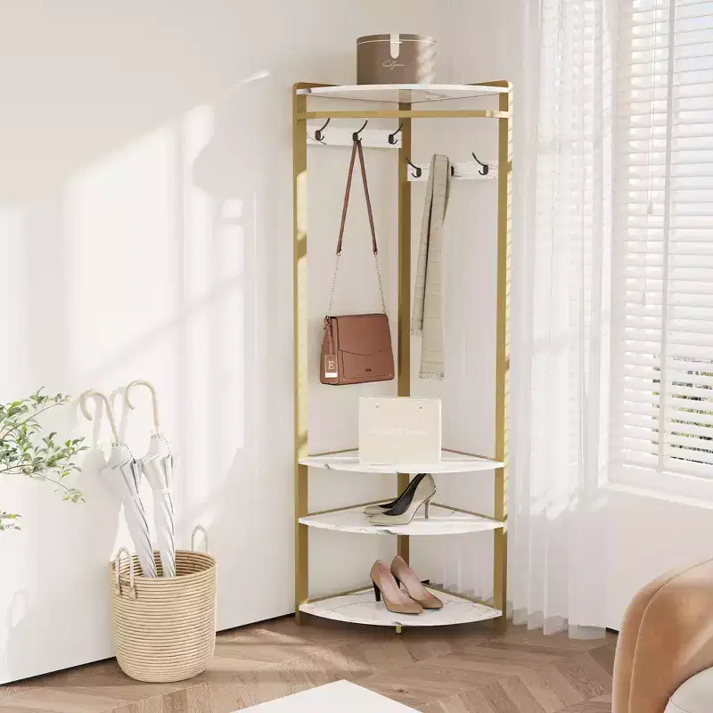 CuisinSmart Corner Coat Rack, Corner Hall Tree with Shoe Bench Shelf & 6 Double Hooks for Entryway, Hallway, Bathroom, Closet