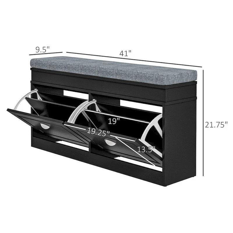 Black Shoe Bench with 2 Flip-Door Drawers & Cushion Seat