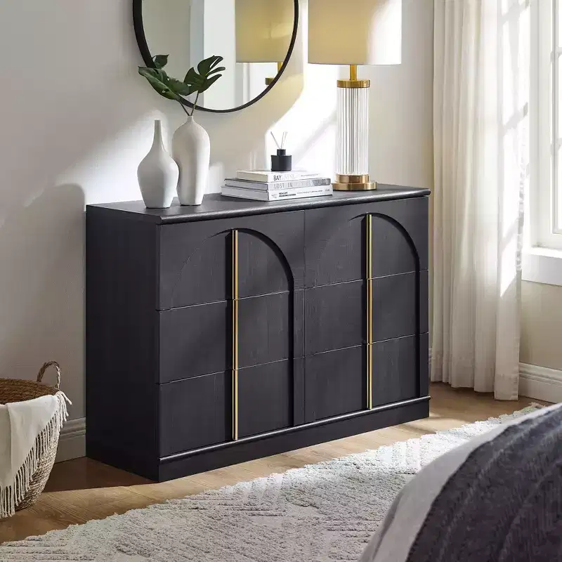 Arched 6 Drawers Dresser for Bedroom, 47.3 Wide Wooden Dresser with Metal Handle, Modern Storage Organizer for Bedroom, Living Room, Hallway