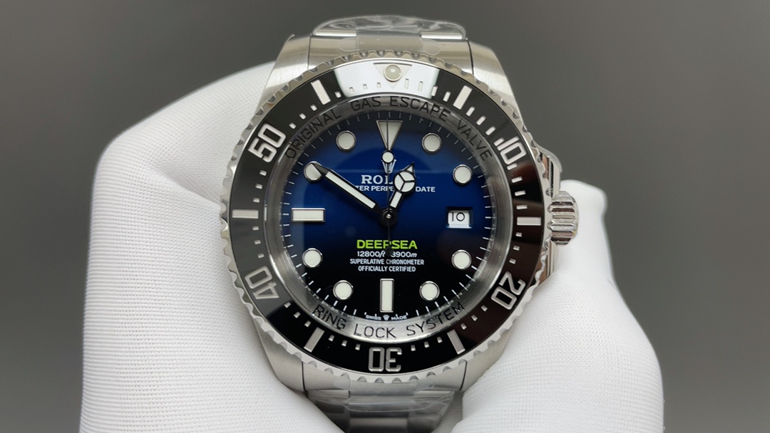 Replica Rolex Deepsea blue dial front view with ceramic bezel and oyster bracelet