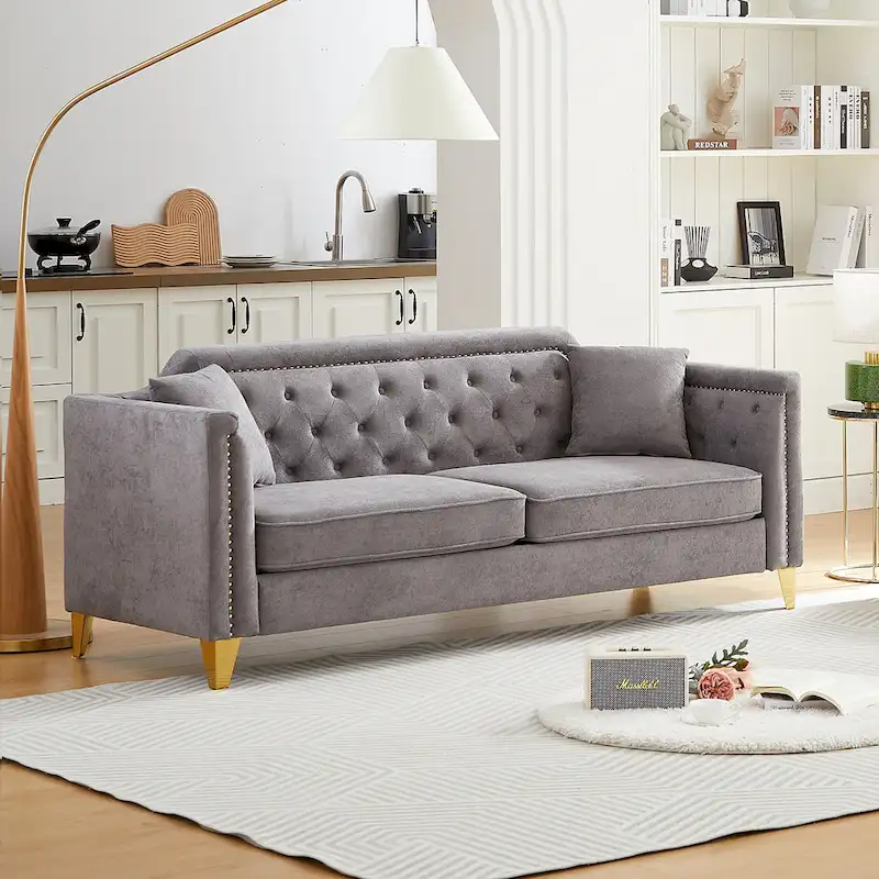 Grey 61.5  Chenille 3-Seater Tufted Sofa with Copper Nail Arms, 2 Pillows
