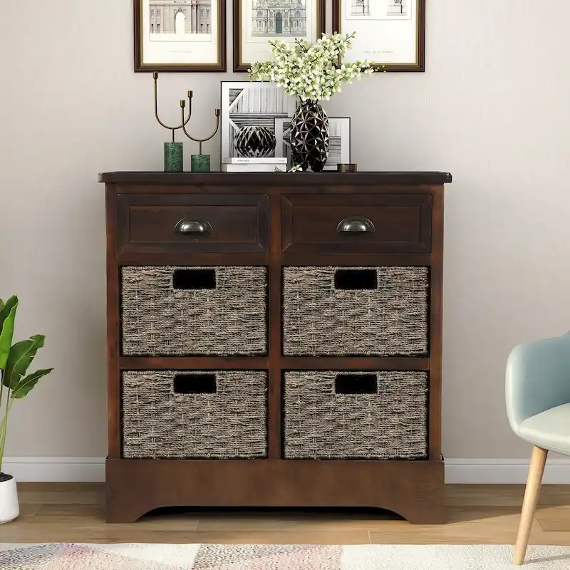 28 Wood 2 Drawers Storage Cabinet with 4 Rattan Basket