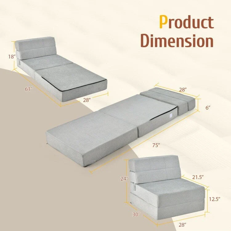 Tri-Fold Folding Chair Convertible Sleeper Bed - 75 x 28 x 6