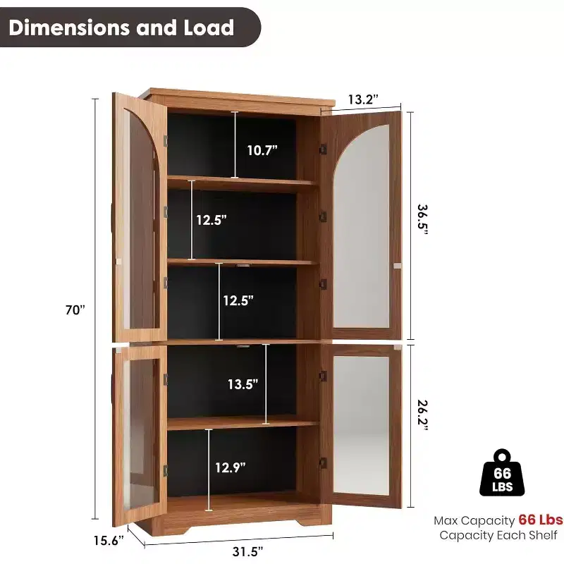 70 Kitchen Pantry Storage Cabinet - Modern Display Pantry with 4 Arched Glass Doors and Adjustable Shelves, for Kitchen, Dining Room & Living Room