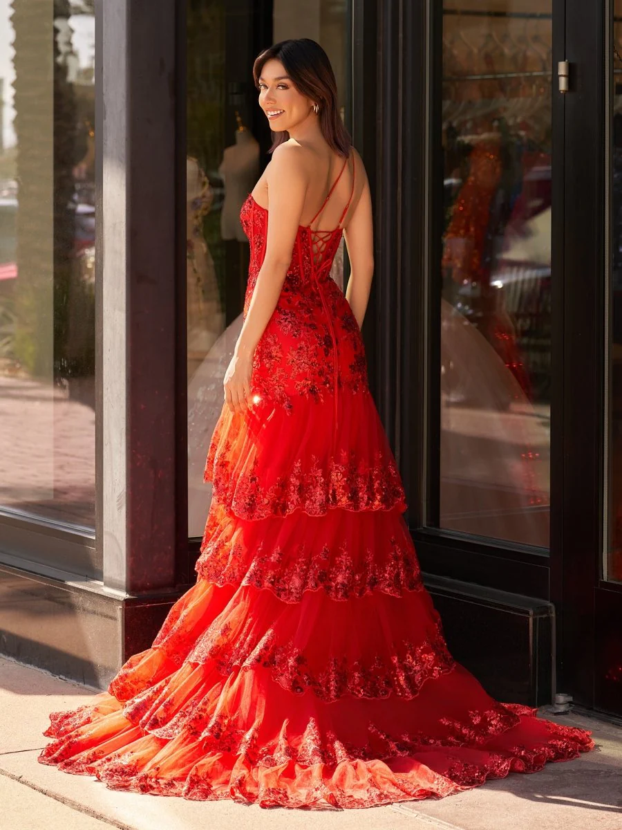 Sheath One Shoulder Tiered Lace Long Prom Dress