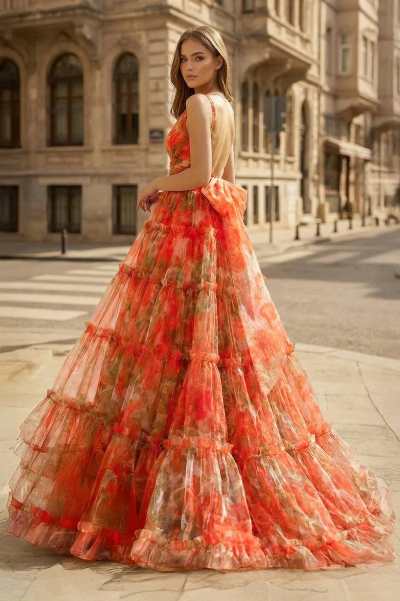 Orange Two Piece V-Neck Floral Printed Long Prom Dress