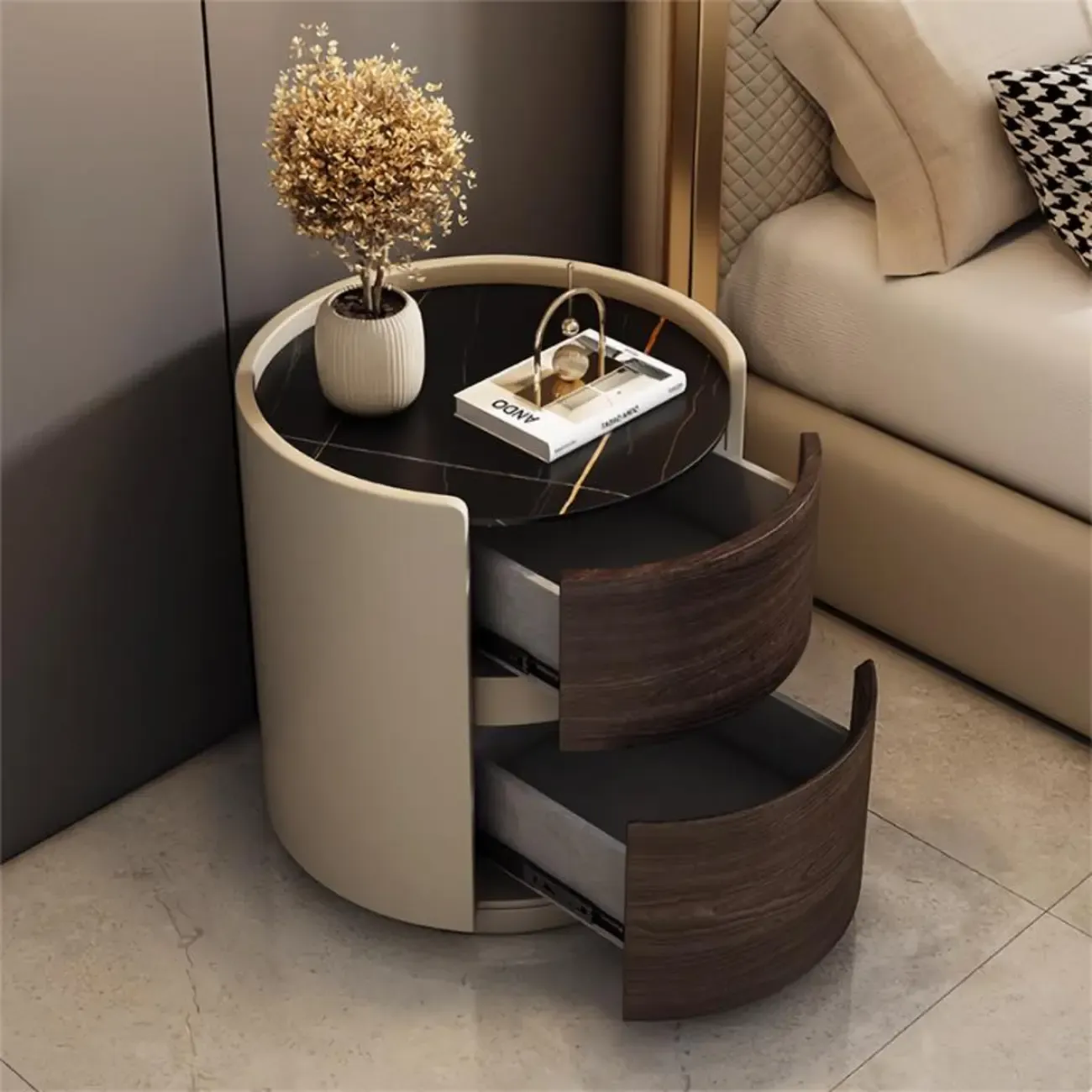 Narrow Pine Wood Soft-Close 2 Tier Round Bedside Table