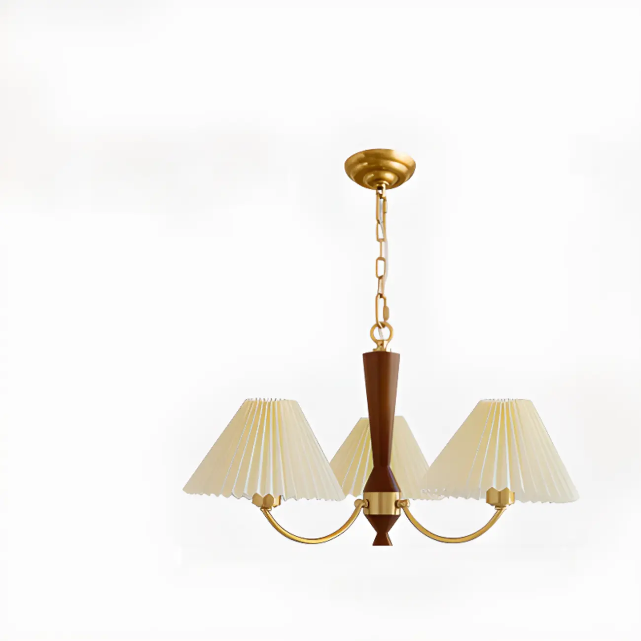 Vintage Wooden Chandelier with Beige Pleated LampShade