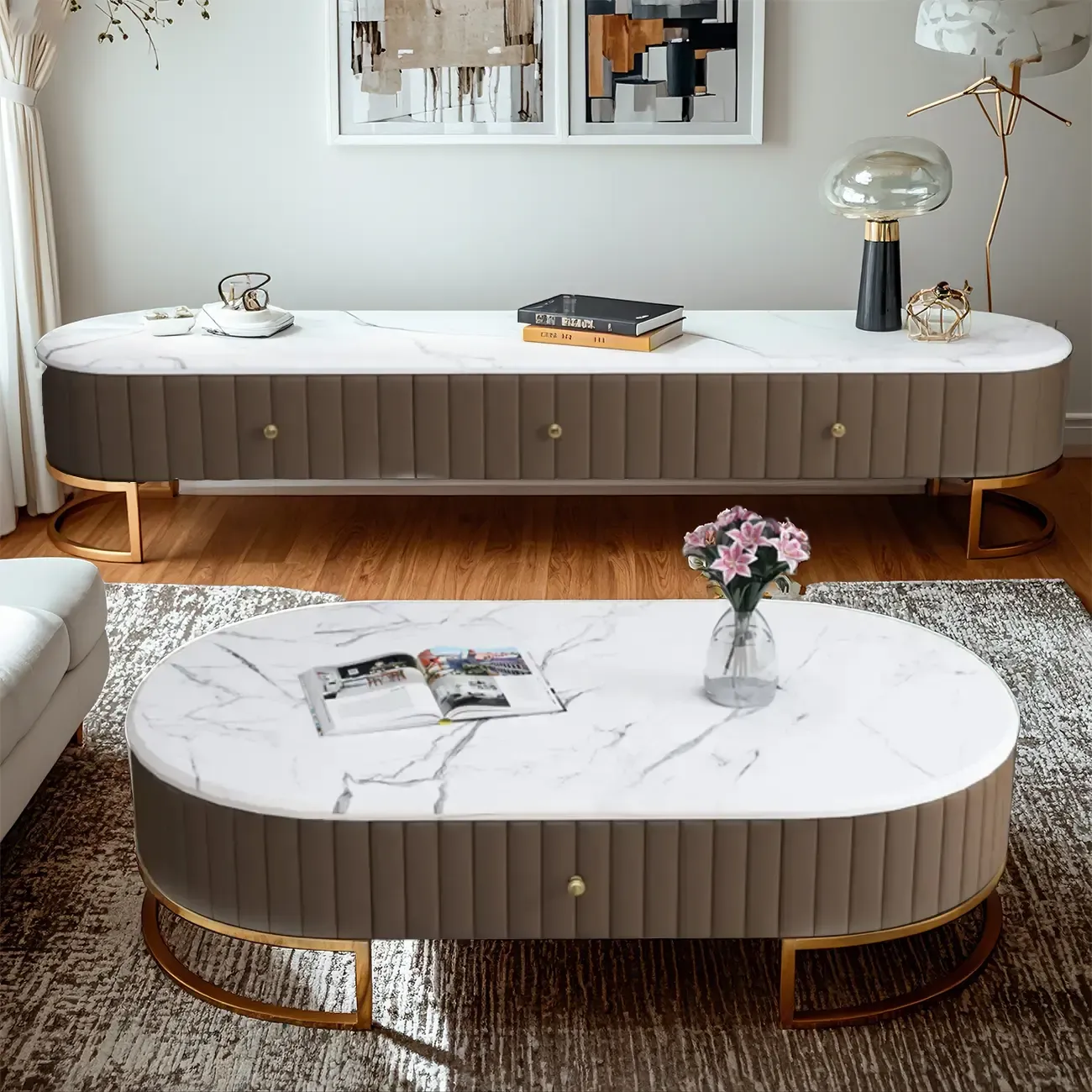Modern Faux Marble TV Stand with Drawers for Living Room