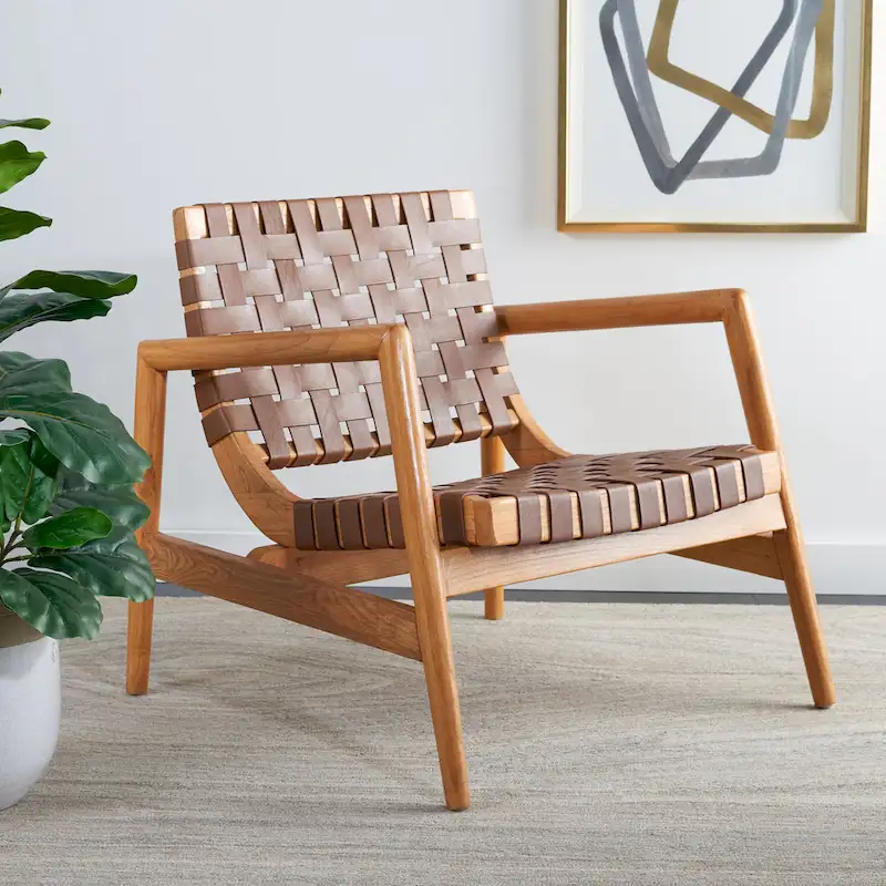 Natural Wood Leather Woven Accent Chair - Single Seat