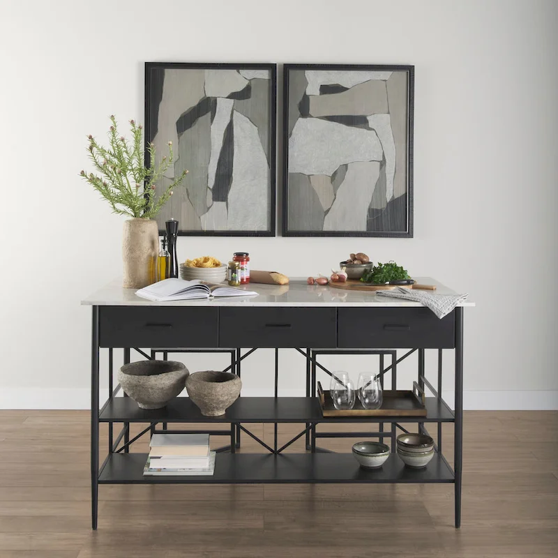 White Marble Kitchen Island with Black Metal Frame - 3 Drawers