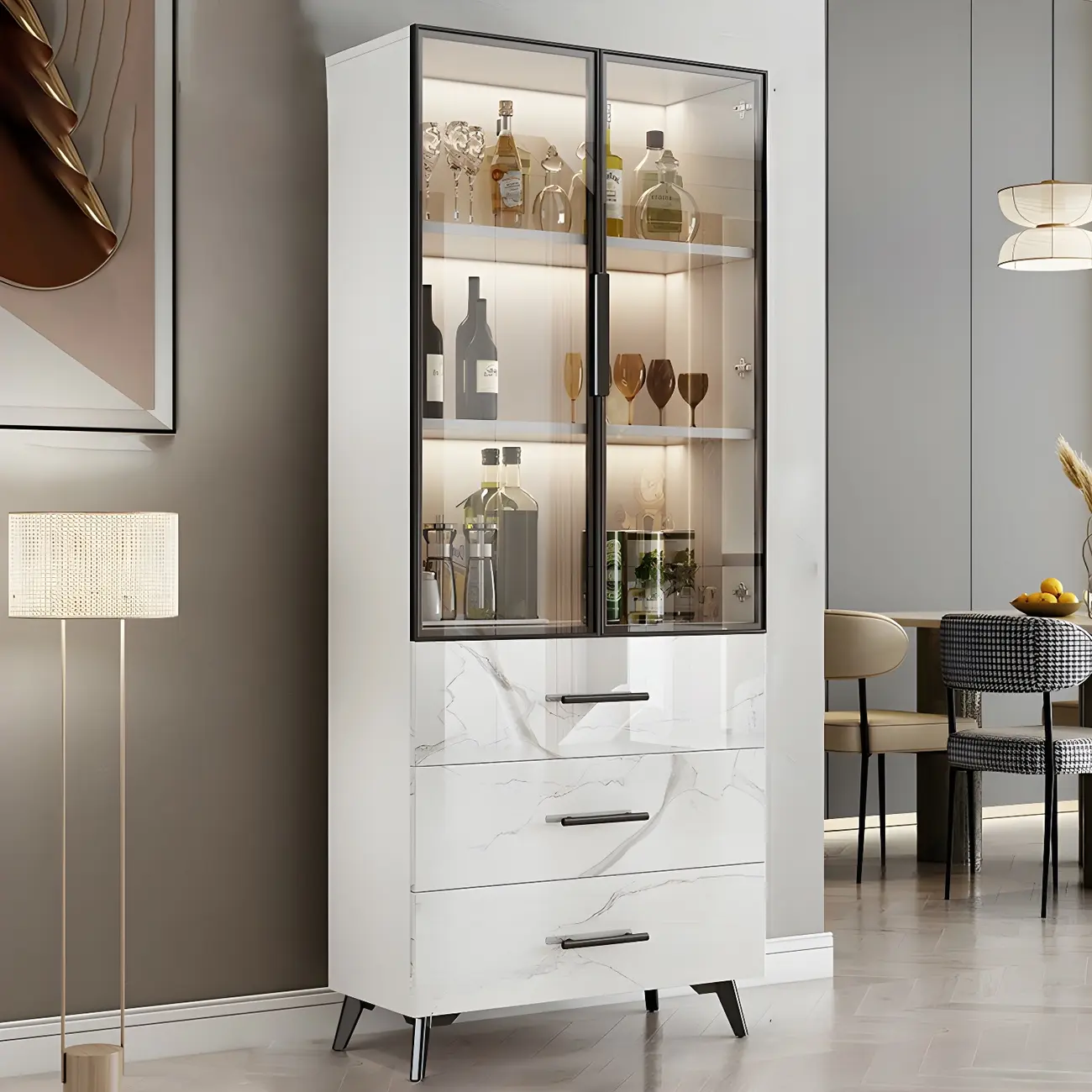 Modern Gold White Marble-Textured Wood Glass Versatile Cabinet