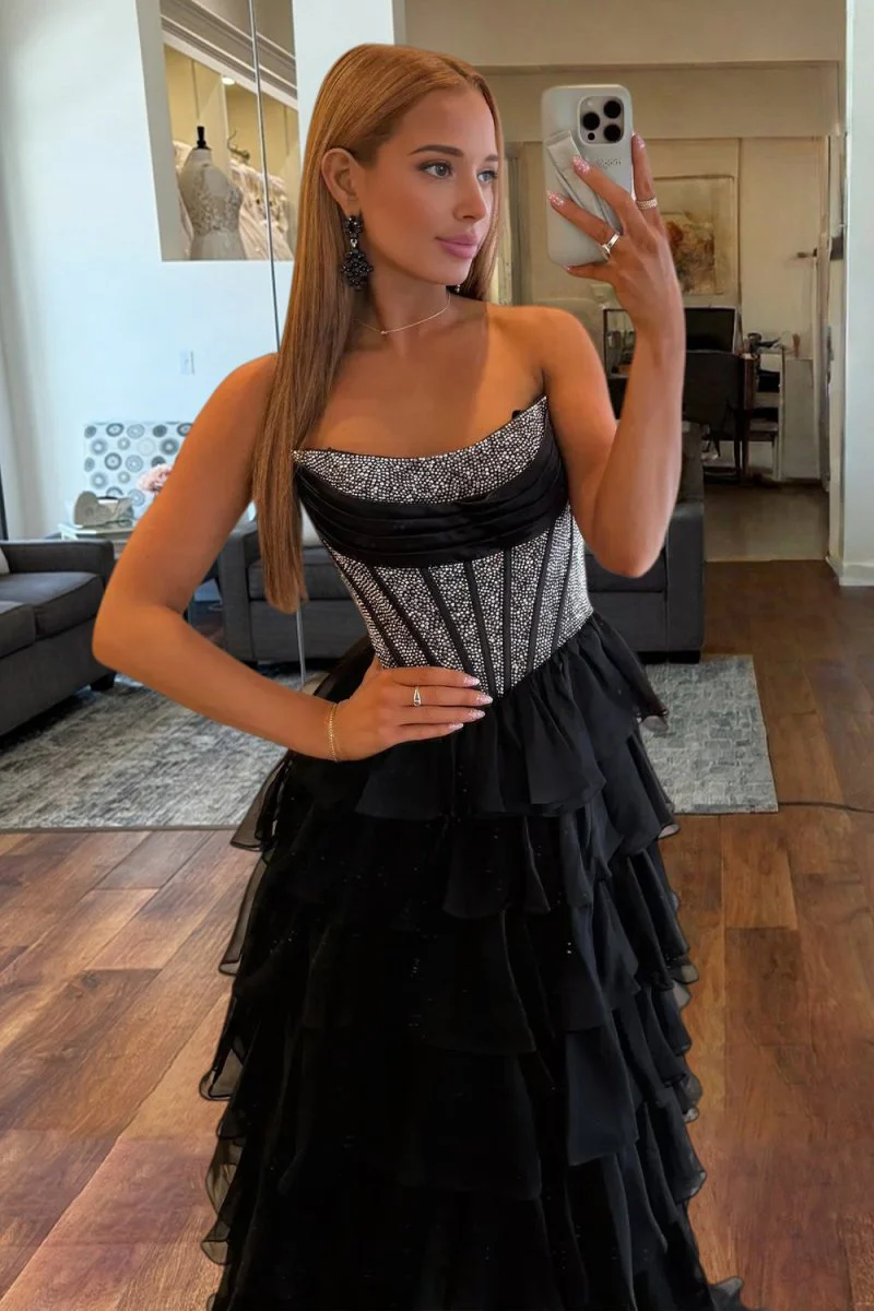 Black - A Line Strapless Chiffon Beaded Corset Long Prom Dress With Slit