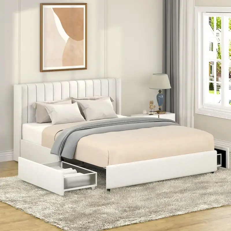 Ivory Bouclé Upholstered Queen Platform Bed with Storage Drawers