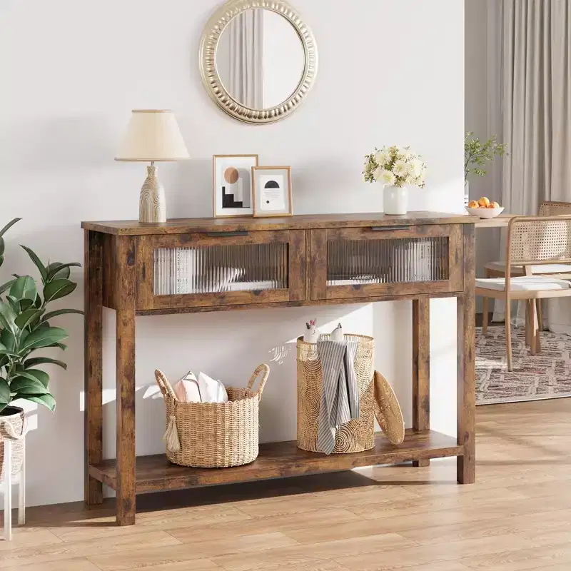 Whizmax Entryway Table, Wood Console Table with 2 Glass Drawers, 2 Tier Sofa Table with Storage for Living Room, Foyer Tables for Entryway
