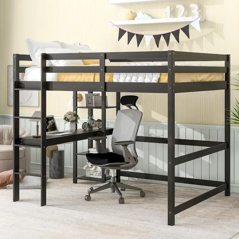 Full Loft Bed with Desk & Shelves, Espresso/White/Grey, Sleeps 1