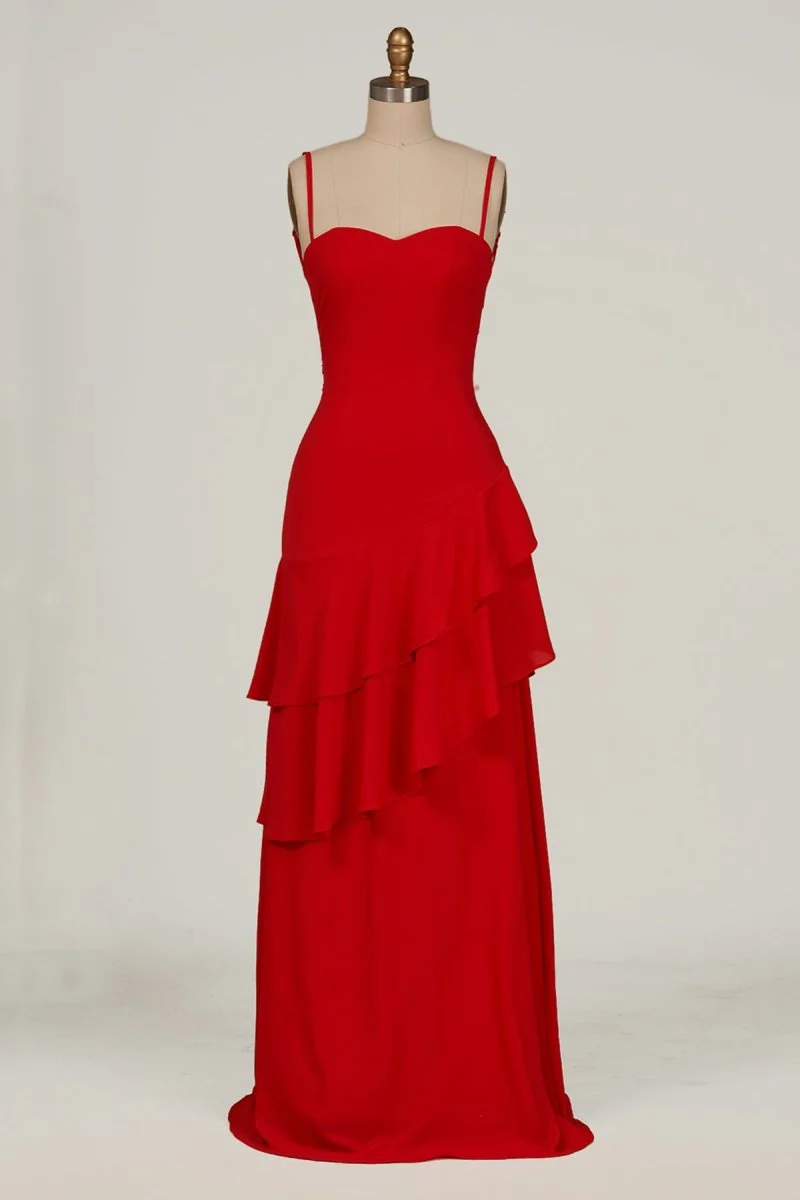Red - Sheath Spaghetti Straps Chiffon Long Prom Dresses with Ruffles