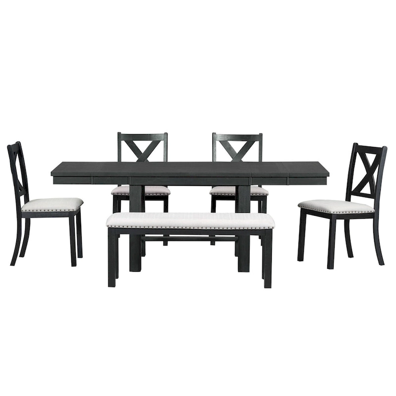 Farmhouse 6-Piece Extendable Dining Table Set with 11 Leaves, Acacia Wood Construction, Black Table, Beige Cushion, Seats 6