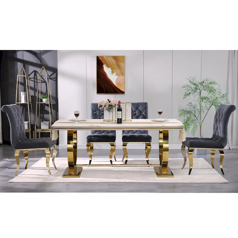 Grey Velvet Dining Chairs with Polished Gold Legs