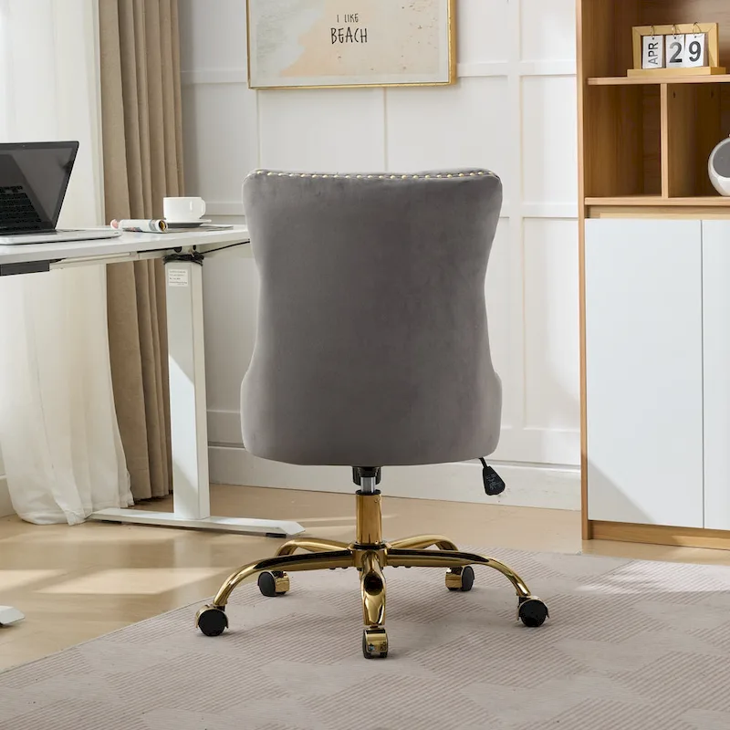 A&A Gray Velvet Tufted Home Office Chair with Golden Metal Base - Adjustable Swivel Desk Chair