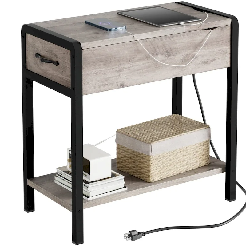 End Table with Charging Station, Narrow Side Table with Drawer and Storage End Table