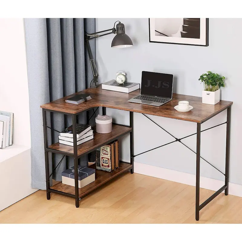 JJS L-Shaped Home Office Corner Writing Computer Desk with Build-in Bookcase