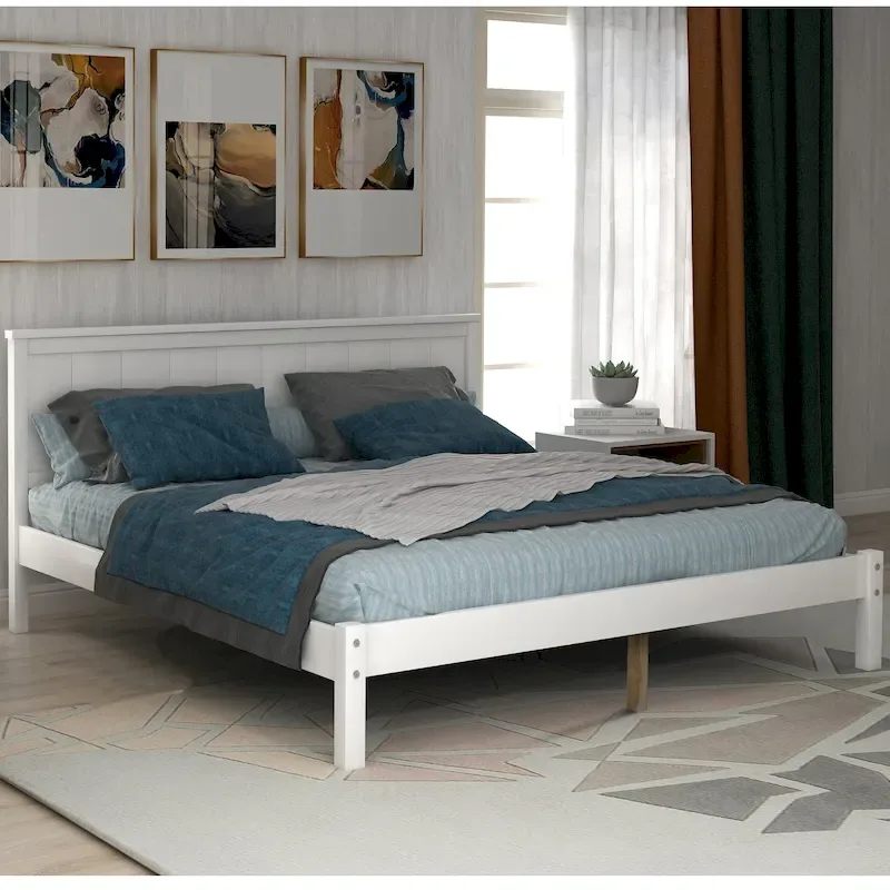 Full Platform Bed Frame with Headboard – Pine Wood & MDF, Espresso/White/Oak