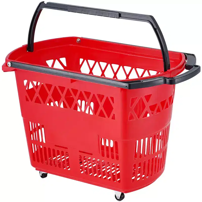 VEVOR Shopping Baskets, 6PCS, 39L Shopping Carts with Handles, Plastic Rolling Shopping Basket with Wheels, Large Portable Shopping Basket Set, Red