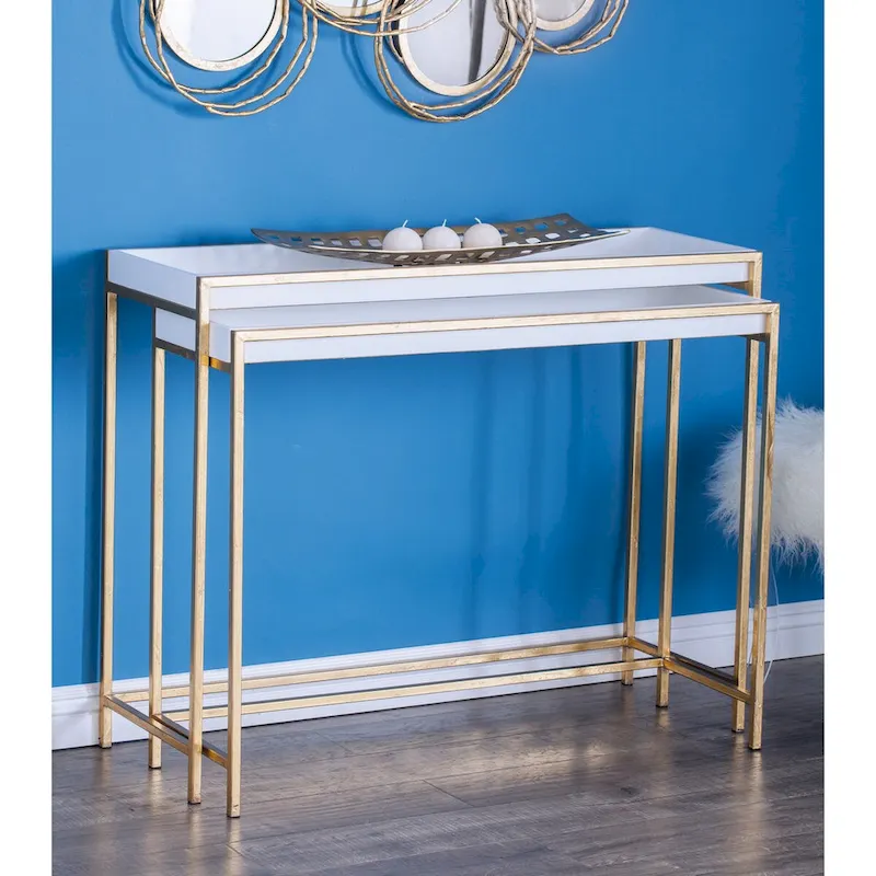 Wood Geometric Nesting Console Table with Gold Metal Legs - Set of 2 White